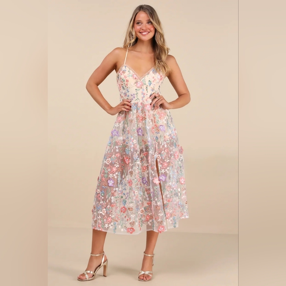 Lulus Mahryn Beige 3D Floral Embroidered Midi Bodysuit Dress XL Wedding Party - Picture 2 of 12